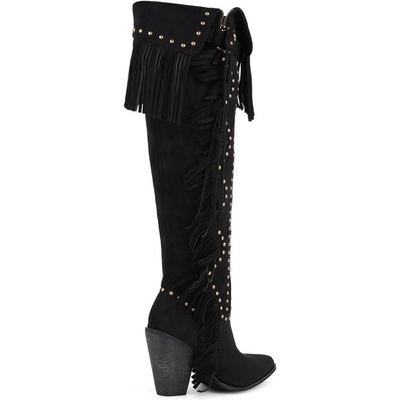 Women's Black Suede Pull On Classic Fringe Boots Knee High Boho Western Boots - Picture 7 of 7